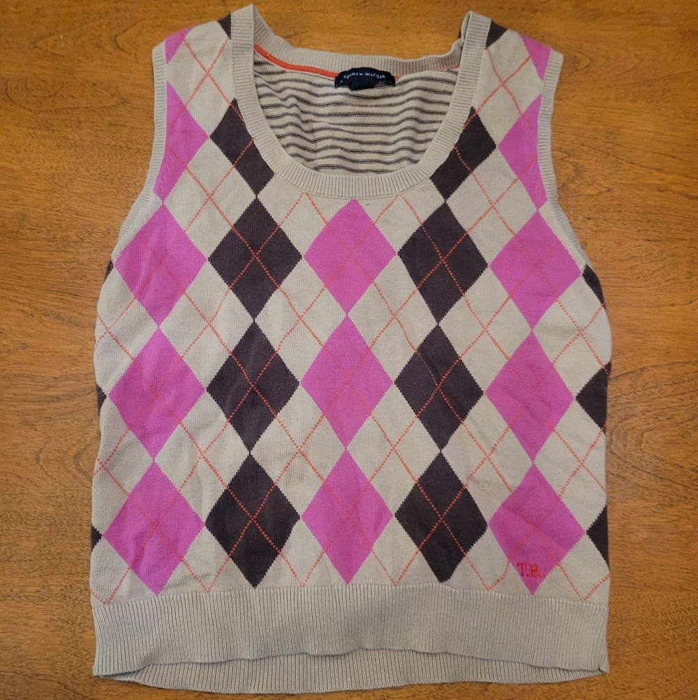 Tommy Hilfiger Pink and Brown Argyle Sweater Vest Top | S